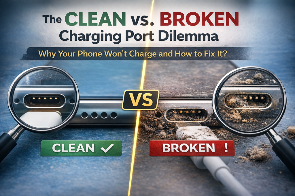 Clean vs broken phone charging port showing lint buildup and damaged connectors causing charging problems