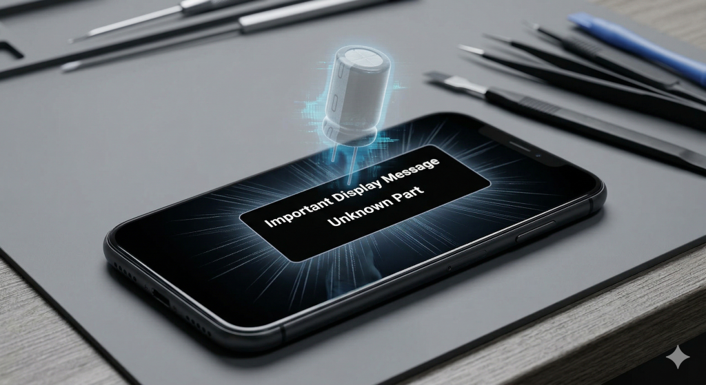 A smartphone screen displaying an 'Unknown Part' warning message after a non-certified repair, with an ethereal digital ghost hovering over the notification to illustrate technical conflict.
