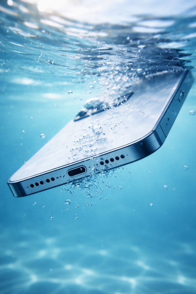 Smartphone sinking into clear water

